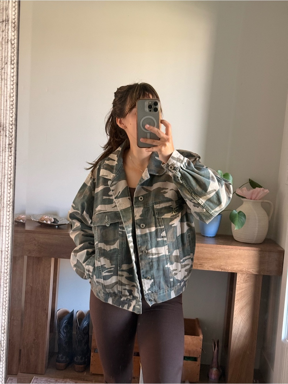 Vintage Nevada Women's Oversized Camo Jean Jacket - Green/Beige